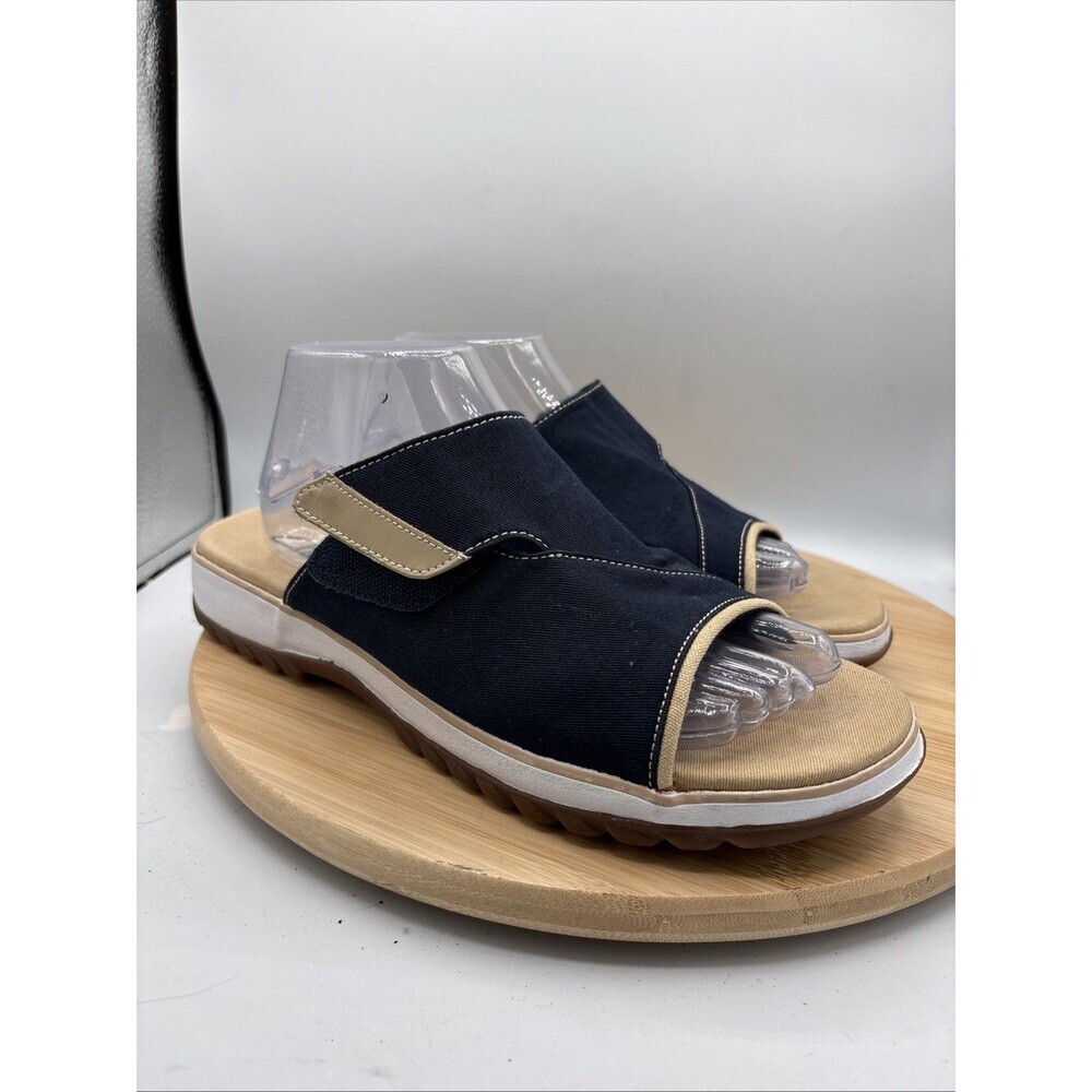 Clarks Adjustable Canvas Slide Sandals Navy Tan Open Toe Comfort Women 11M